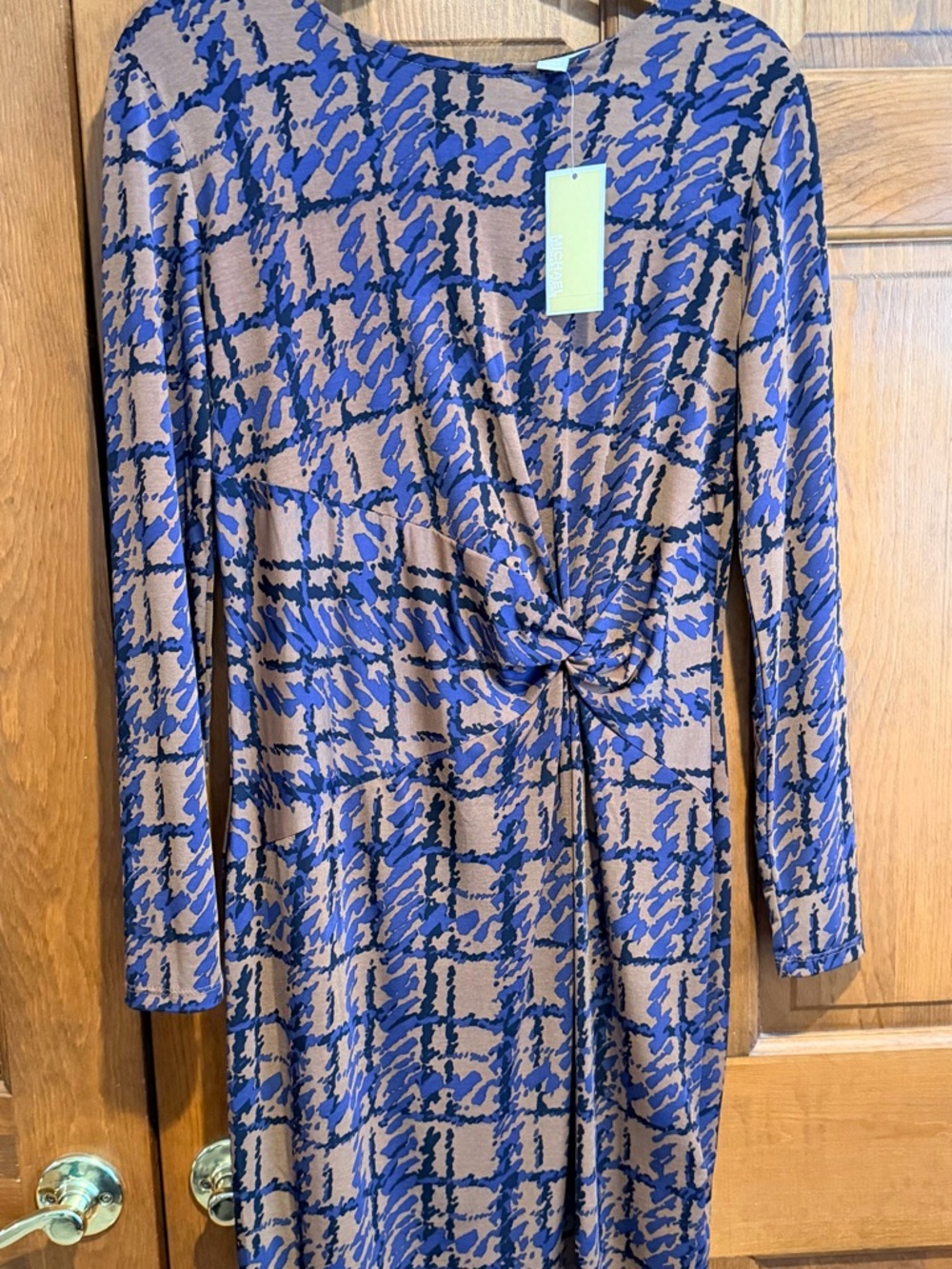 Michael Kors Long-Sleeve Twist Front Dress in Tan and Blue Pattern